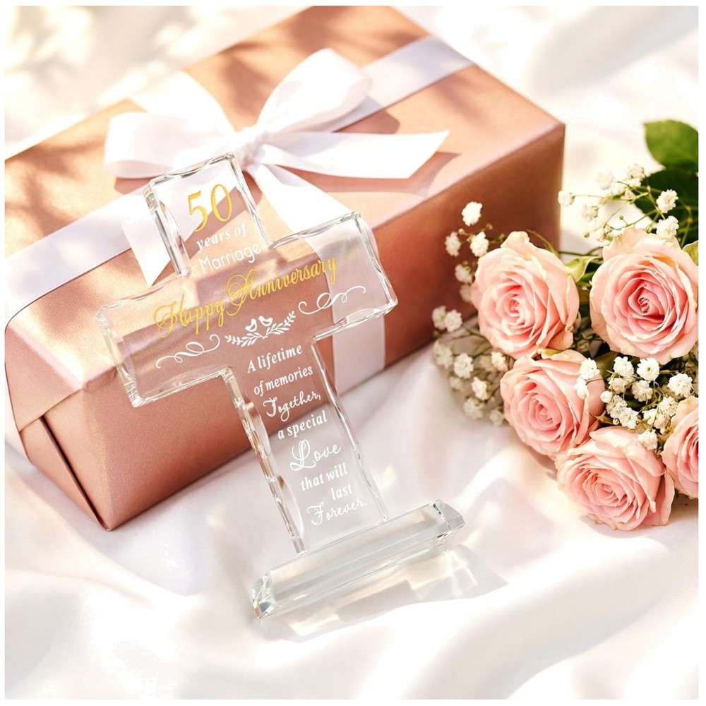 Engraved Glass Cross for 50th Wedding Anniversary