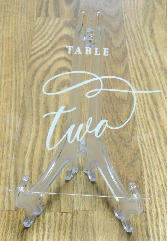 Clear & White Acrylic Wedding Table Number Signs 1-13 with Stands, 5″x7″, Modern