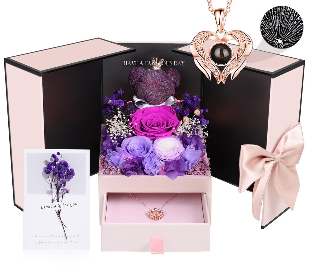 Valentines Day Gifts for Her Preserved Real Rose with Bear Flower-purple