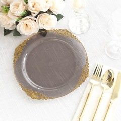 10 TRANSPARENT BLACK GOLD 10″ Round Plastic Salad Dinner PLATES Embossed