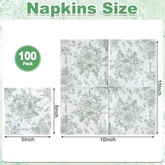 100 Pcs Floral Napkins, Green and White Toile Napkin Wedding Sage Green