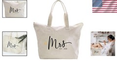 Stylish Bridal Shower Gift: Mrs. 2025 Cotton Canvas Shoulder Bag with Zipper