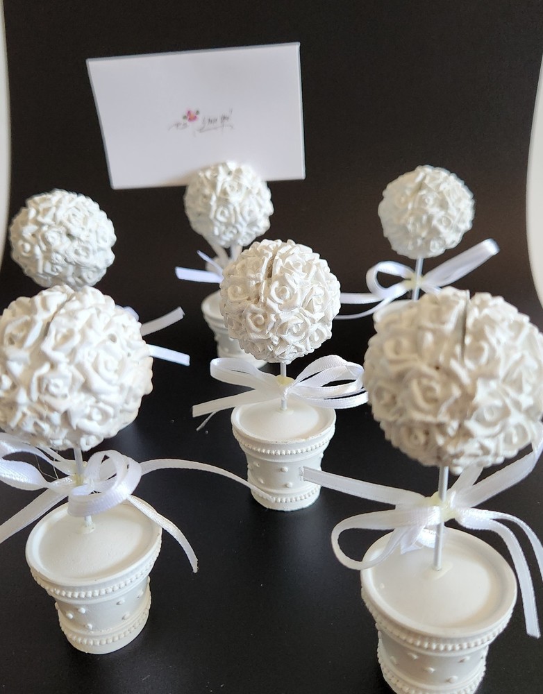 5 Flower Pot White Topiary Roses Name Place Card Holders Party 3.75″ Tall