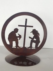 Laser Cut Steel Western Wedding Cake Top, Cowboy Couple Kneeling Prayer