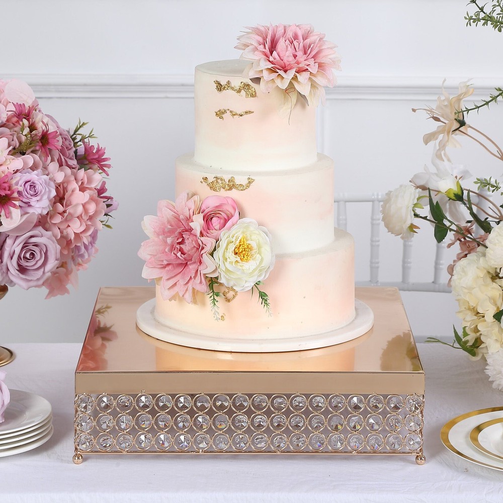 GOLD METAL 16″ wide Cake Stand with Crystal Beads Party Wedding Reception SALE