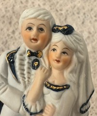 Vintage Porcelain Bride and Groom Figurine Cake Topper Blue White Gold Accent