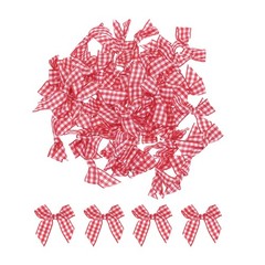 50Pcs Mini Gingham Ribbon Bow 1.5″ Checkered Fabric Satin Red and White