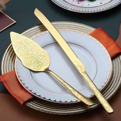 Gold Wedding Cake Knife and Server Set,Titanium Gold Plating With Unique Pattern