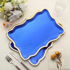 10 Rectangle 14″ Paper Serving Trays Scroll Design Gold Rim Party Decorations