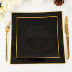 10 BLACK 8″ Square Concave Plastic Salad Dinner PLATES Gold Rim Party Events
