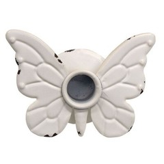 NEW SHABBY WHITE BUTTERFLY Taper Candle Holder 4.5″W Metal Chippy Cottage Chic