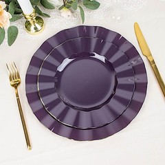 10 PURPLE 11″ Round PLASTIC Salad Dinner PLATES Gold Wavy Rim Wedding Party