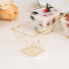 24 Clear 2 oz Gold Glittered Square Plastic Dessert Cups Spoons Set Party Events