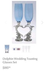 Dolphin Heart Wedding Toasting Glasses Champagne Flute Set Opal Glass pewter HTF