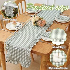 Tegeme Gingham Table Runner 12»x71» Cotton Ruffle Checkered Olive Green Plaid