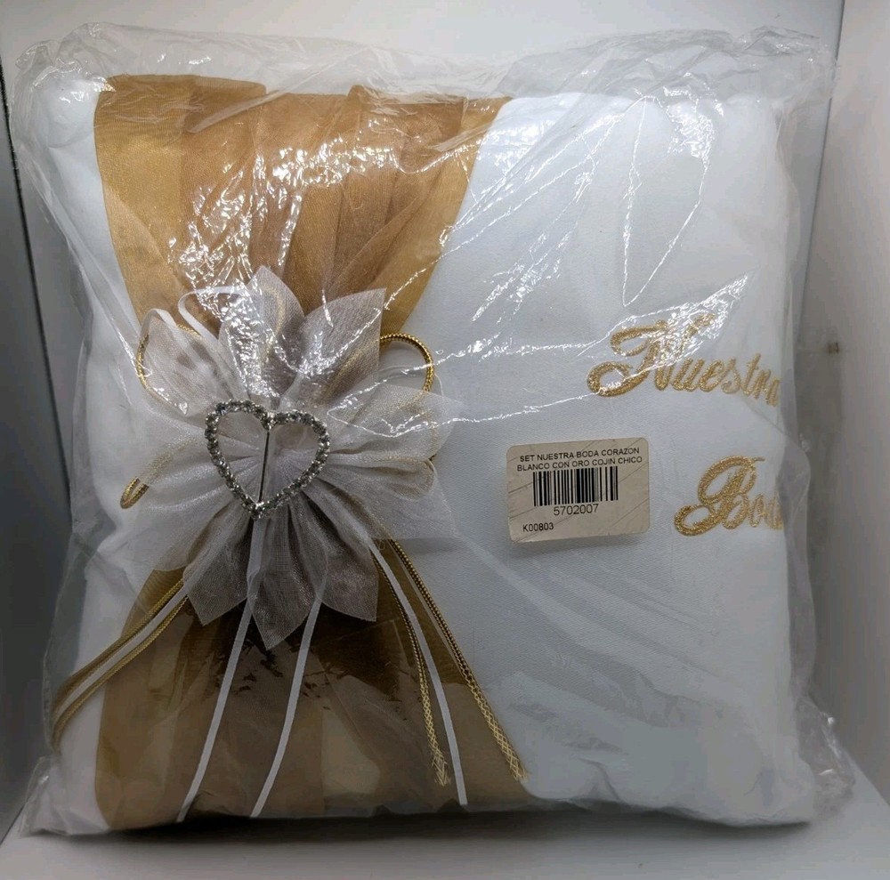 Wedding pillow White with Gold Spanish Pillow Kneel/Ring