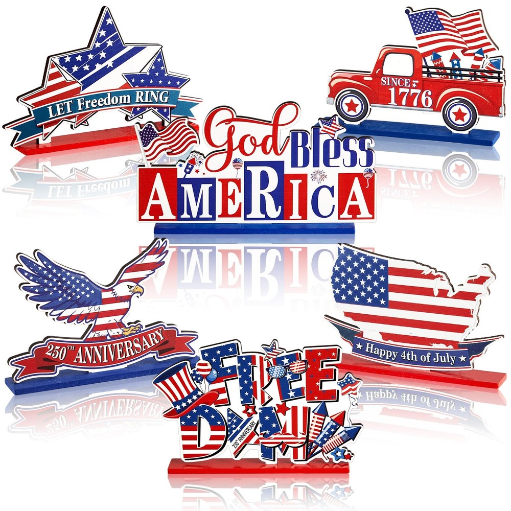 6 Pcs Independence Day Wood Tabletop Signs 4th of July Patriotic Wooden Table