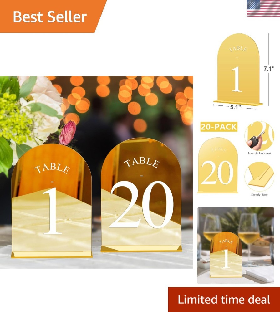 Arch Wedding Table Numbers 1-20 with Stands – 5″ X 7″ Acrylic Mirrored Gold T…