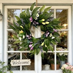 50CM Outdoor Wreath with Spring Flowers and Butterflies for Front Door Decor