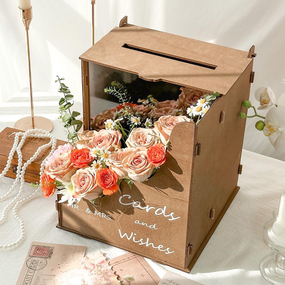 Rustic Brown Wooden Wedding Card Box Wave Flower Trough Acrylic Board Decor