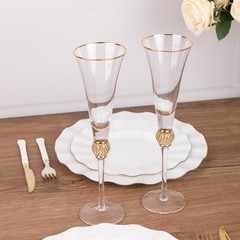 6 CLEAR Champagne Flute Glasses 6oz Gold Rim Design with Studded Rhinestones