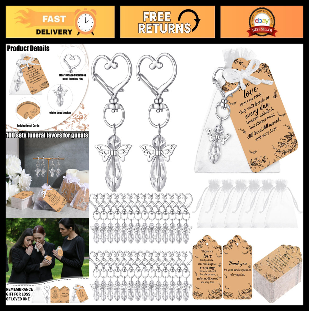100 Set Angel Keychains Funeral Favors with Organza Bags & Sympathy Tags – Memor