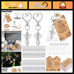 100 Set Angel Keychains Funeral Favors with Organza Bags & Sympathy Tags – Memor