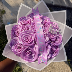 Artificial Purple & White Rose Flower Bouquet Bunch with Wrap, Ribbon & Tiara