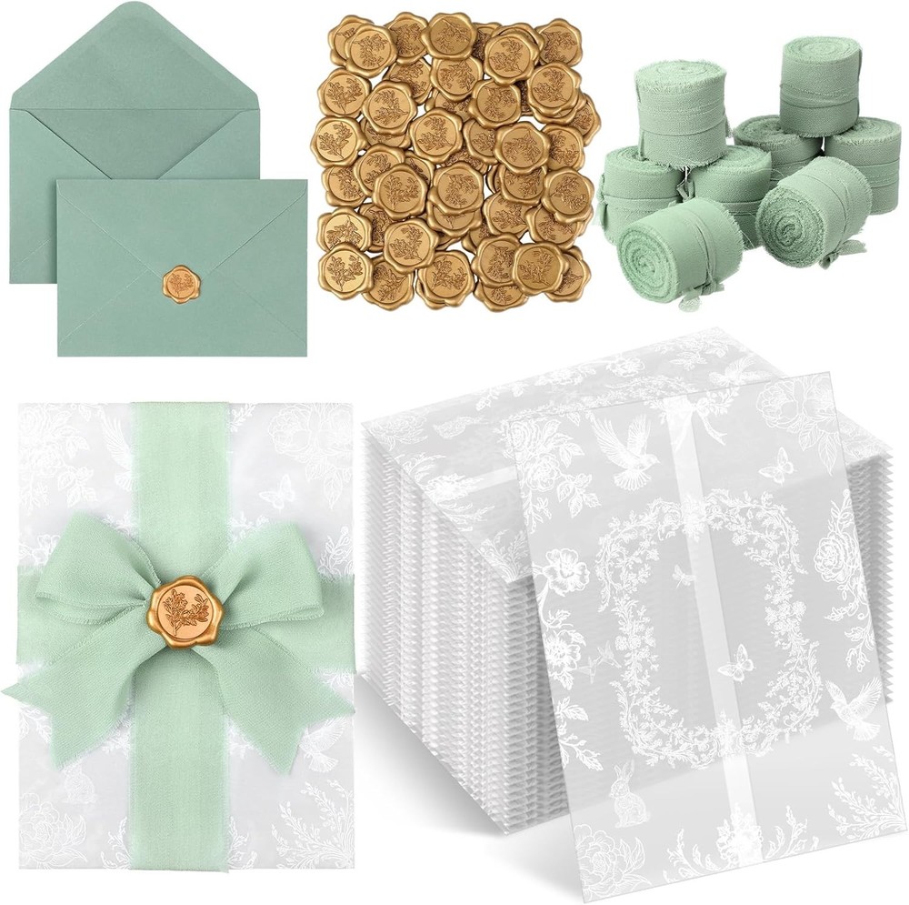 100 Set Wedding Invitation Kit Wedding Vellum Jackets Bulk for 5X7 Sage Green En