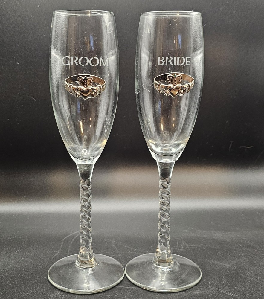 Bride and Groom Wedding Claddagh Champagne Flutes Robert Emmet Co Twisted Stem
