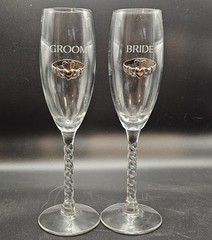 Bride and Groom Wedding Claddagh Champagne Flutes Robert Emmet Co Twisted Stem