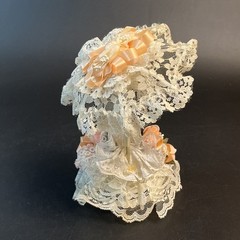 Vtg 1950’s Wedding Cake Topper Bride & Groom Ceramic 8” Blonde USA Lace Peach
