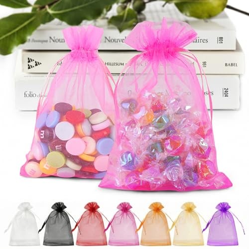 50 Pack Organza Bags 5 x 7 inch, Small Mesh 1 count (Pack of 50) Hot Pink