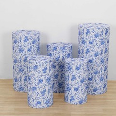 5 WHITE BLUE Fitted Spandex Cylinder Display Stand Covers with Floral Print