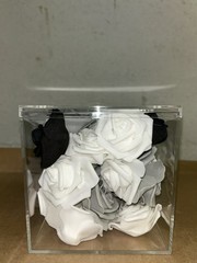 Felt Black, White & Gray Table Centerpiece Rose Buds In 6x6x6 Clear Plastic Box