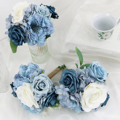 Dusty Blue & Peach Rose Bridesmaid Bouquets Set of 6 for Weddings