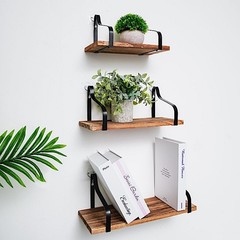 3 NATURAL Rectangular Metal Wood FLOATING SHELVES Living Room Home Decorations