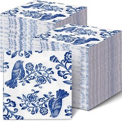 200 Pcs Blue Floral Napkins Blue White Disposable Dinner Napkins 10 x 10 Inch