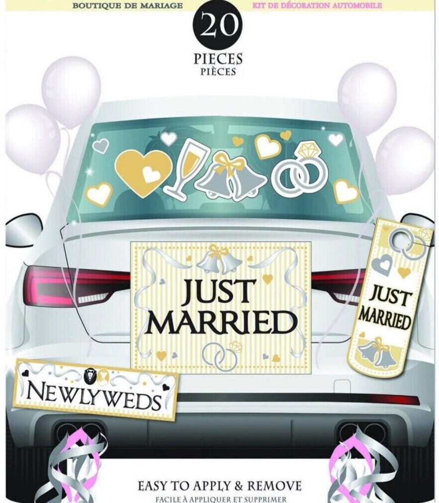 Bride & Groom Car Decoration Kit – 20 Pieces Included (Window Stickers, Magnet)