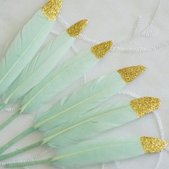 90 MINT GREEN Glittered Gold Tip Natural Turkey Feathers Wedding Decorations