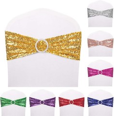 50 Pack Sequin Stretch Chair Sashes Spandex Bands Wedding Decor Gold