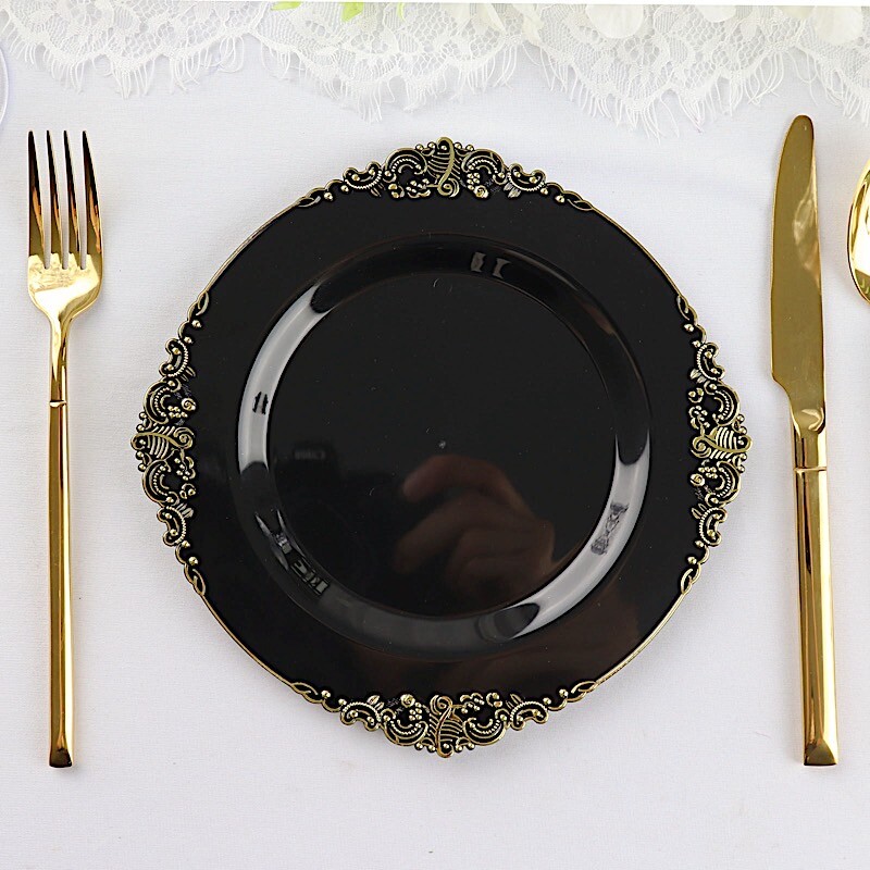 10 BLACK GOLD 8″ Round Plastic Salad Dinner PLATES Embossed Baroque Rim Party