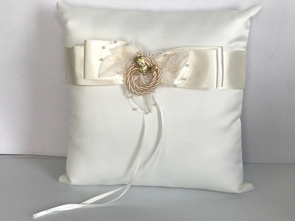 Western Wedding Ivory Satin with Gold Cowboy Boot with Crystal Charm Ring Pillow