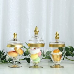 3 pcs Clear Gold Trim Glass Apothecary Jars Lids Wedding Supplies Sale