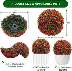 2-Pack Artificial Flower Ball Topiary, UV Resistant, Wedding Garden Decor, Red