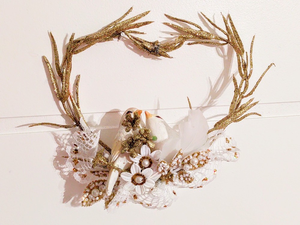 Vtg MCM Wedding Cake Topper Decor Birds Love Heart Glitter Pearl Beads Feather