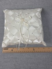 Ivory Satin Crystal Beaded Gems Wedding Ring Bearer Pillow Faux Pearl Accent
