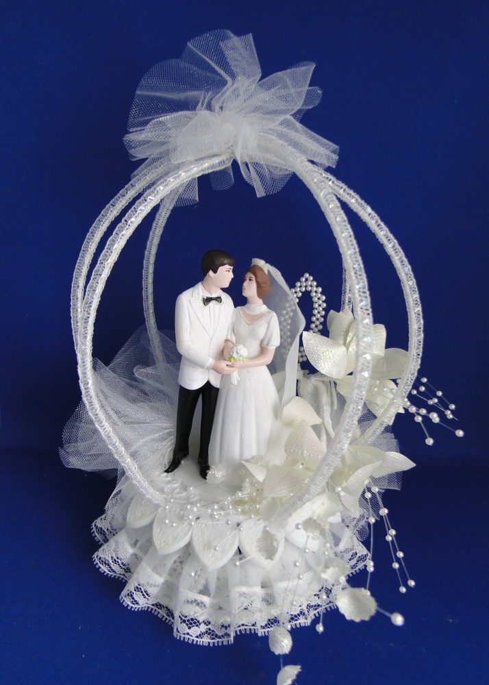 New Vintage Wedding Bliss Bride & Groom Wedding Cake Top, white coat # 424
