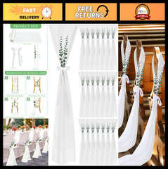 48 Sets Wedding Chair Decorations – Chiffon Sashes, Ribbons & Eucalyptus Decor