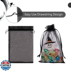 FUNFERY 100 Pcs Black Organza Bags 6.5×9 in, Small Mesh Drawstring Gift Bags
